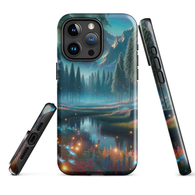 Ätherischer Alpenwald: Digitale Darstellung mit leuchtenden Bäumen und Blumen - iPhone Schutzhülle (robust) camping xxx yyy zzz iPhone 15 Pro Max