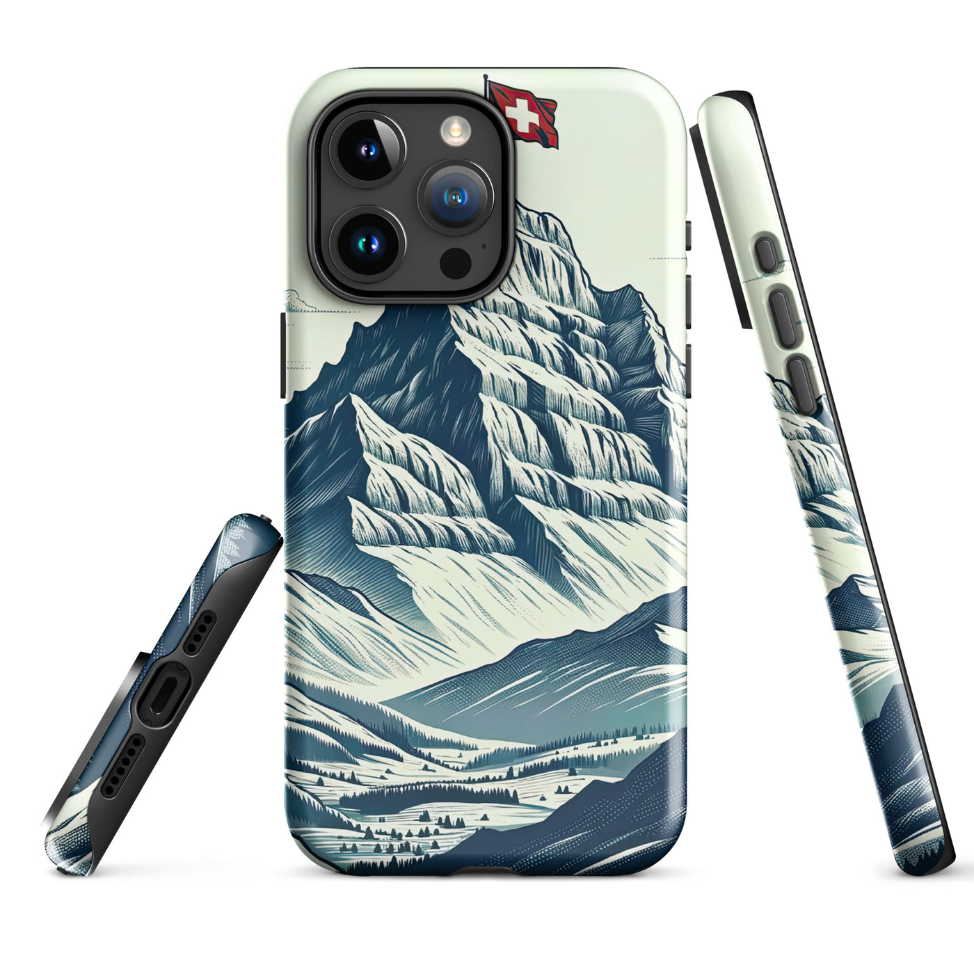 Ausgedehnte Bergkette mit dominierendem Gipfel und wehender Schweizer Flagge - iPhone Schutzhülle (robust) berge xxx yyy zzz iPhone 15 Pro Max