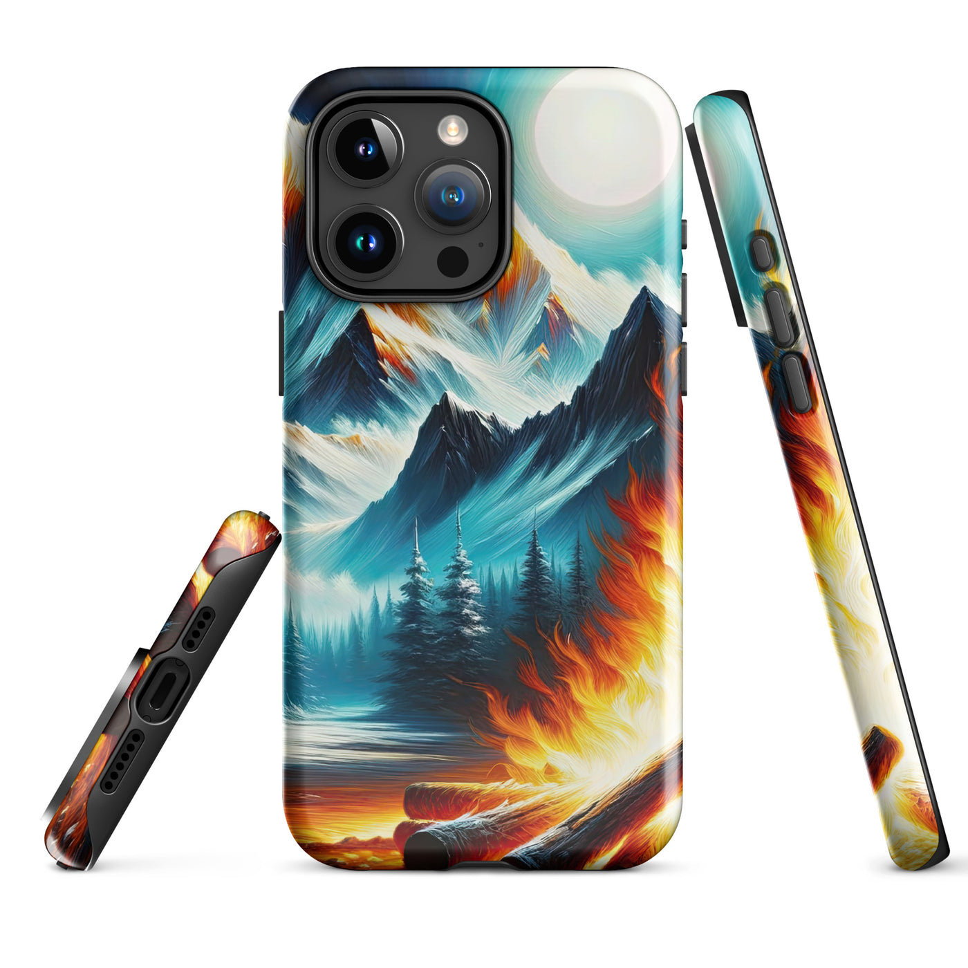 Ölgemälde von Feuer und Eis: Lagerfeuer und Alpen im Kontrast, warme Flammen - iPhone Schutzhülle (robust) camping xxx yyy zzz iPhone 15 Pro Max