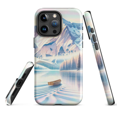 Aquarell eines klaren Alpenmorgens, Boot auf Bergsee in Pastelltönen - iPhone Schutzhülle (robust) berge xxx yyy zzz iPhone 15 Pro Max
