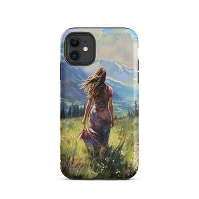 Frau mit langen Kleid im Feld mit Blumen - Berge im Hintergrund - Malerei - iPhone Schutzhülle (robust) berge xxx iPhone 11