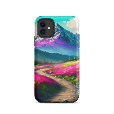 Berg, pinke Blumen und Wanderweg - Landschaftsmalerei - iPhone Schutzhülle (robust) berge xxx iPhone 11
