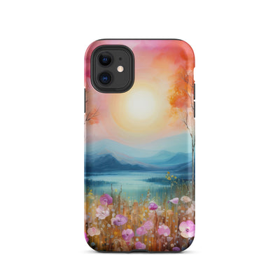 Berge, See, pinke Bäume und Blumen - Malerei - iPhone Schutzhülle (robust) berge xxx iPhone 11
