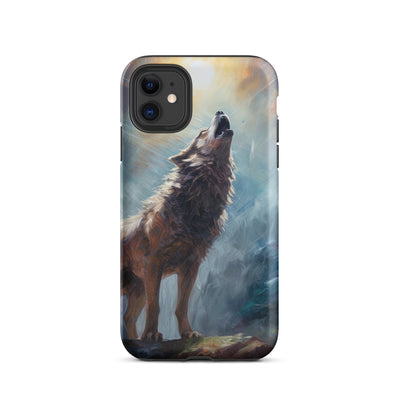 Heulender Wolf auf Berggipfel und Mond im Hintergrund – Abstrakte Malerei - iPhone Schutzhülle (robust) camping xxx iPhone 11