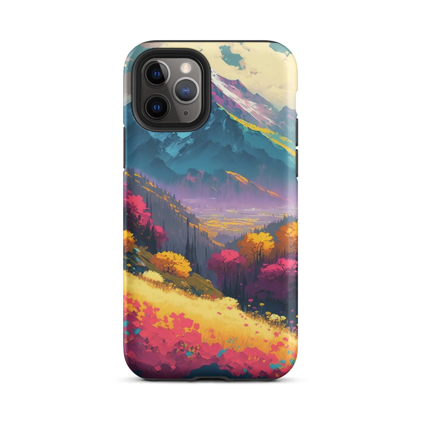 Berge, pinke und gelbe Bäume, sowie Blumen - Farbige Malerei - iPhone Schutzhülle (robust) berge xxx iPhone 11 Pro