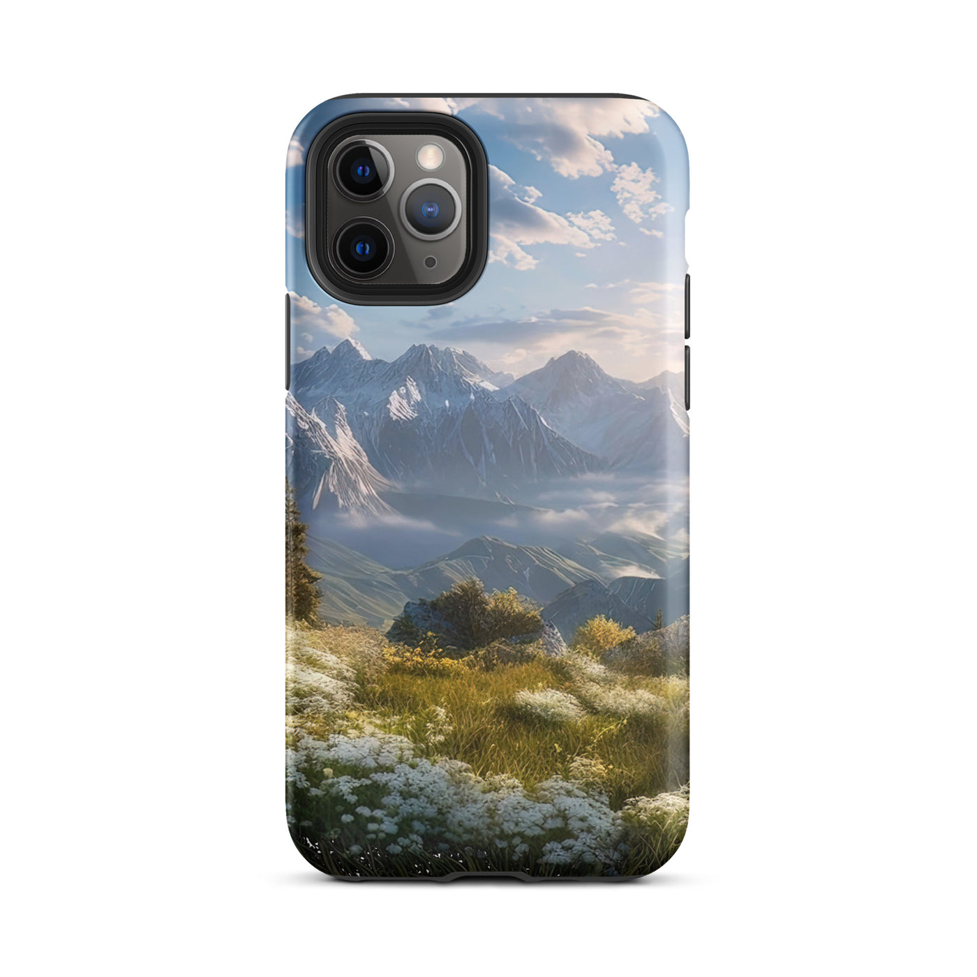 Berglandschaft mit Sonnenschein, Blumen und Bäumen - Malerei - iPhone Schutzhülle (robust) berge xxx iPhone 11 Pro