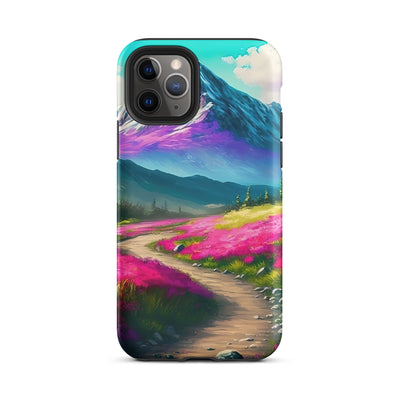Berg, pinke Blumen und Wanderweg - Landschaftsmalerei - iPhone Schutzhülle (robust) berge xxx iPhone 11 Pro