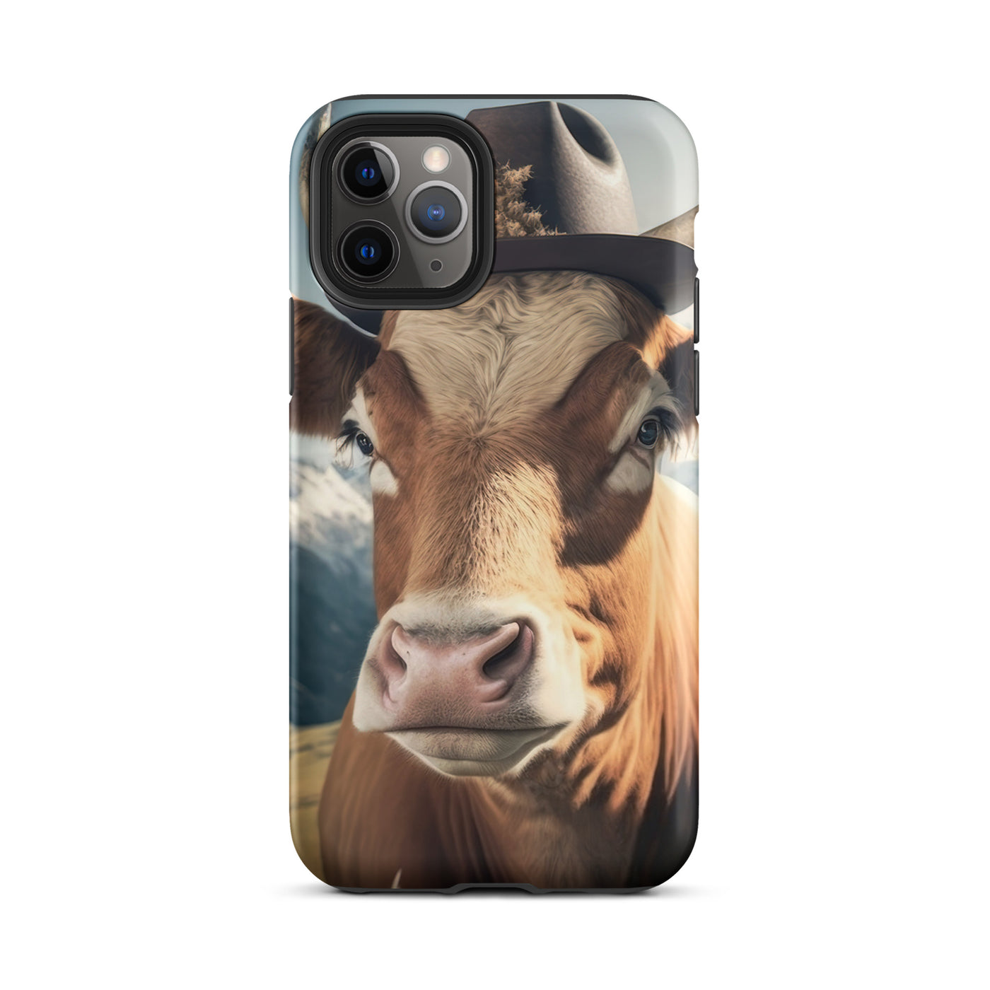 Kuh mit Hut in den Alpen - Berge im Hintergrund - Landschaftsmalerei - iPhone Schutzhülle (robust) berge xxx iPhone 11 Pro