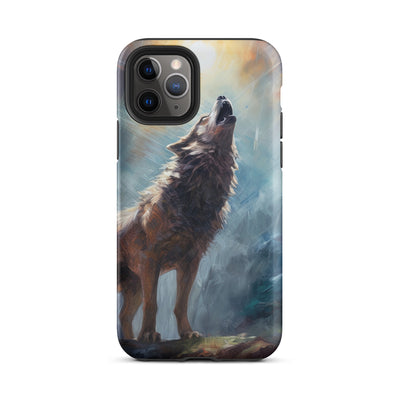 Heulender Wolf auf Berggipfel und Mond im Hintergrund – Abstrakte Malerei - iPhone Schutzhülle (robust) camping xxx iPhone 11 Pro