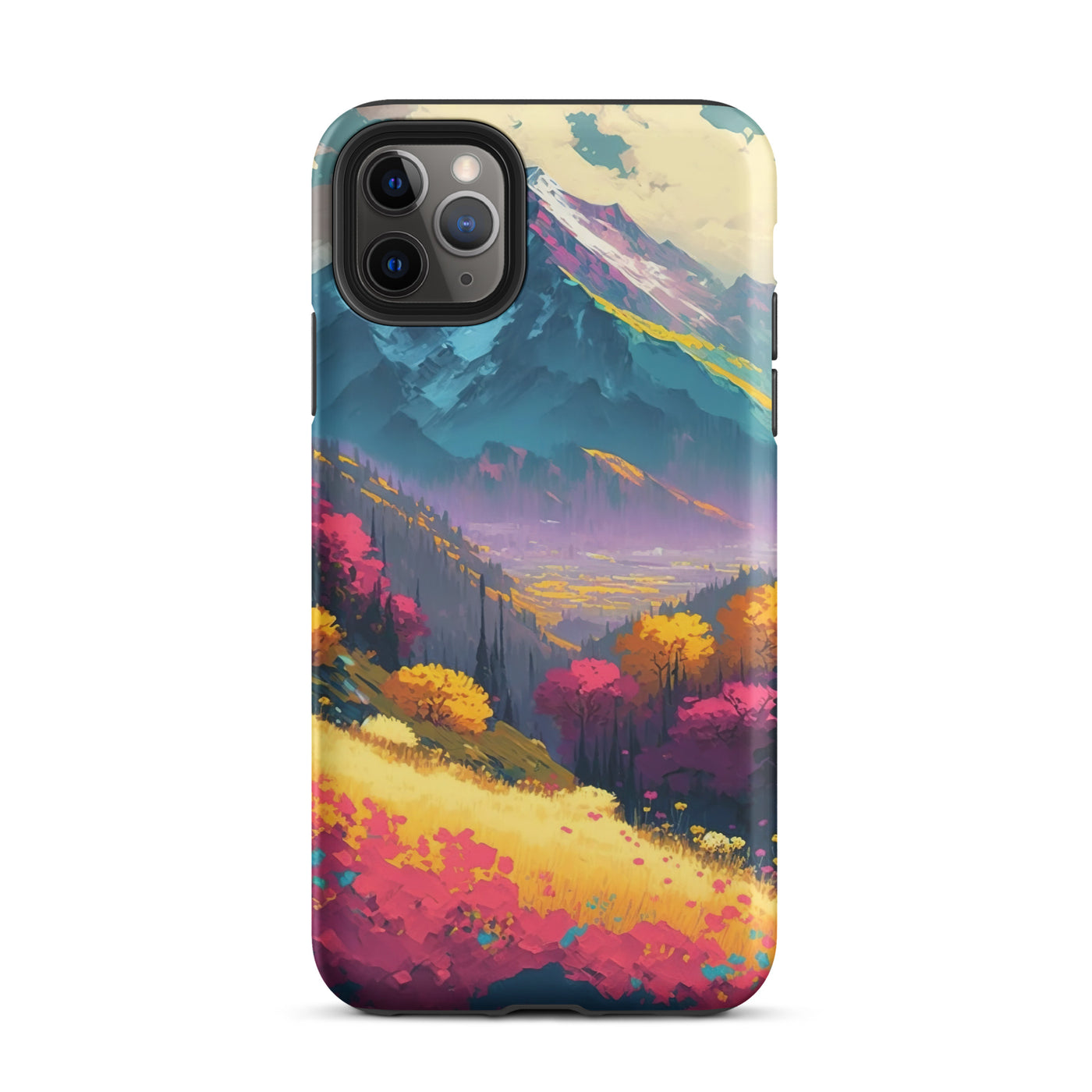 Berge, pinke und gelbe Bäume, sowie Blumen - Farbige Malerei - iPhone Schutzhülle (robust) berge xxx iPhone 11 Pro Max