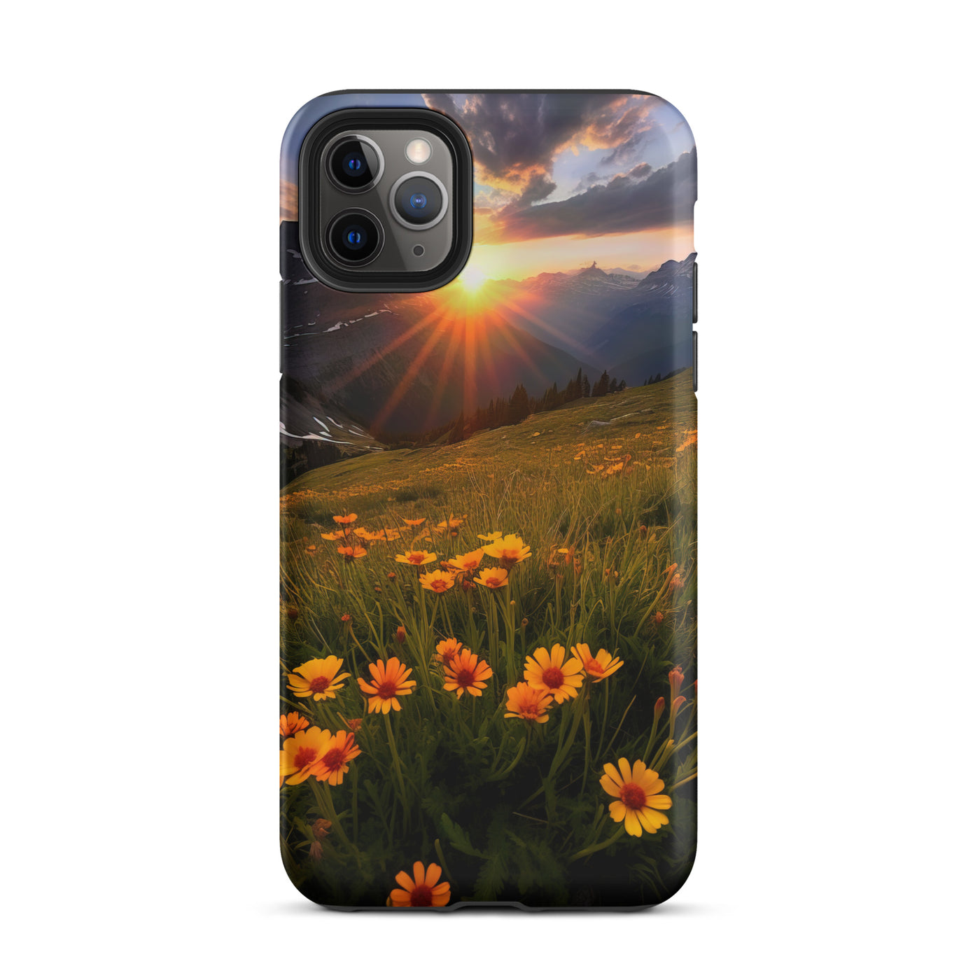 Gebirge, Sonnenblumen und Sonnenaufgang - iPhone Schutzhülle (robust) berge xxx iPhone 11 Pro Max