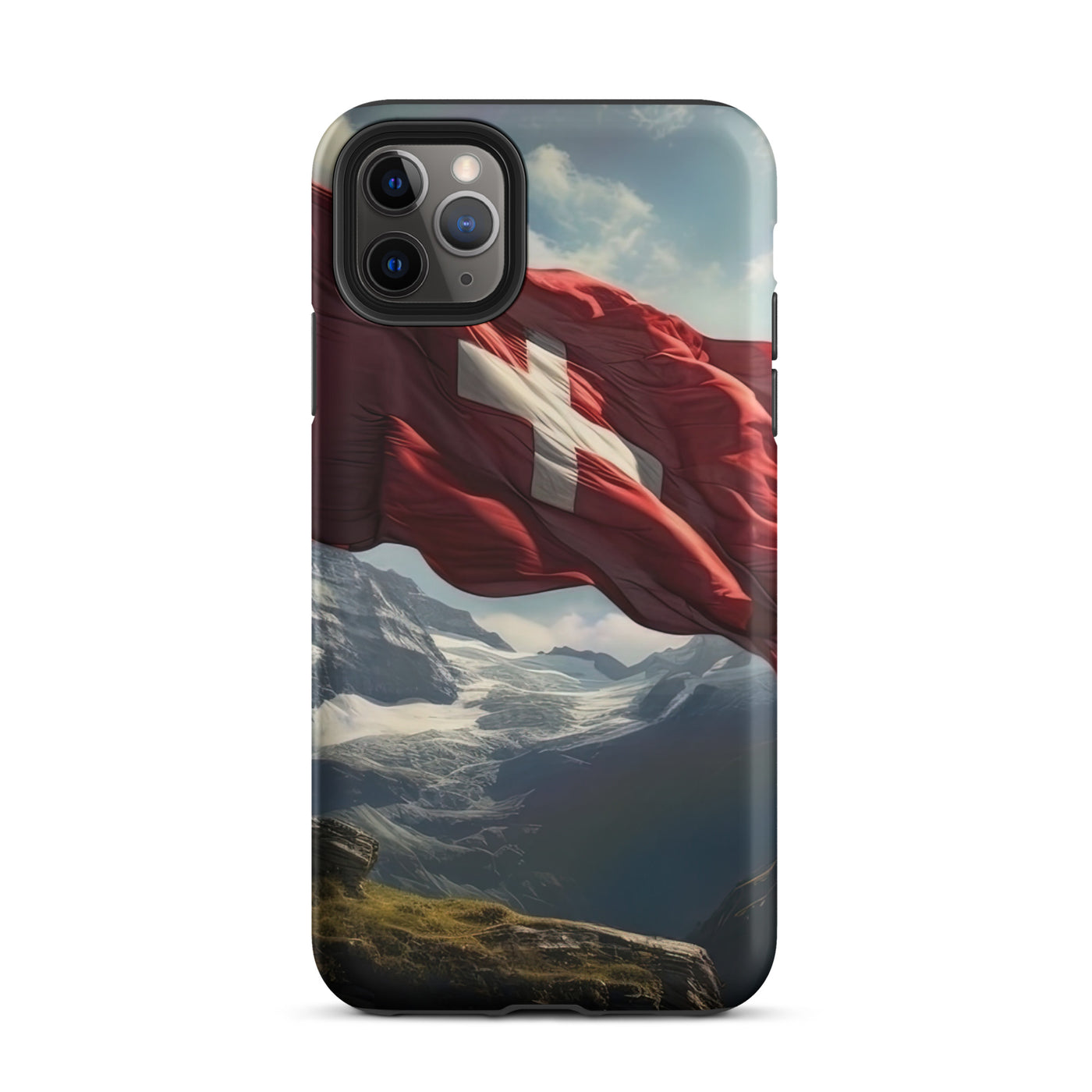 Schweizer Flagge und Berge im Hintergrund - Fotorealistische Malerei - iPhone Schutzhülle (robust) berge xxx iPhone 11 Pro Max