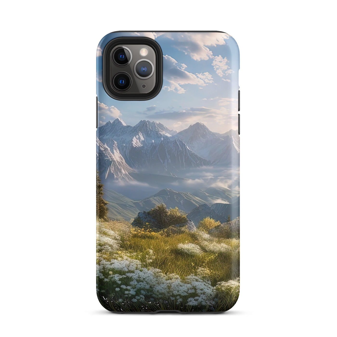 Berglandschaft mit Sonnenschein, Blumen und Bäumen - Malerei - iPhone Schutzhülle (robust) berge xxx iPhone 11 Pro Max