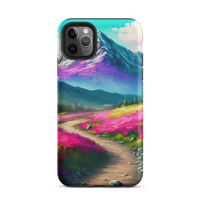 Berg, pinke Blumen und Wanderweg - Landschaftsmalerei - iPhone Schutzhülle (robust) berge xxx iPhone 11 Pro Max
