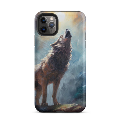 Heulender Wolf auf Berggipfel und Mond im Hintergrund – Abstrakte Malerei - iPhone Schutzhülle (robust) camping xxx iPhone 11 Pro Max