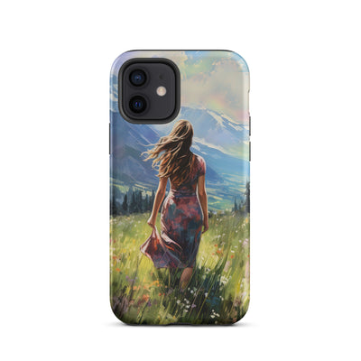 Frau mit langen Kleid im Feld mit Blumen - Berge im Hintergrund - Malerei - iPhone Schutzhülle (robust) berge xxx iPhone 12