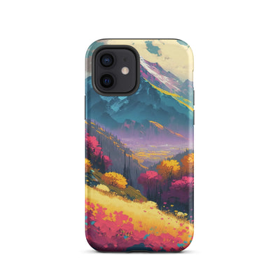 Berge, pinke und gelbe Bäume, sowie Blumen - Farbige Malerei - iPhone Schutzhülle (robust) berge xxx iPhone 12