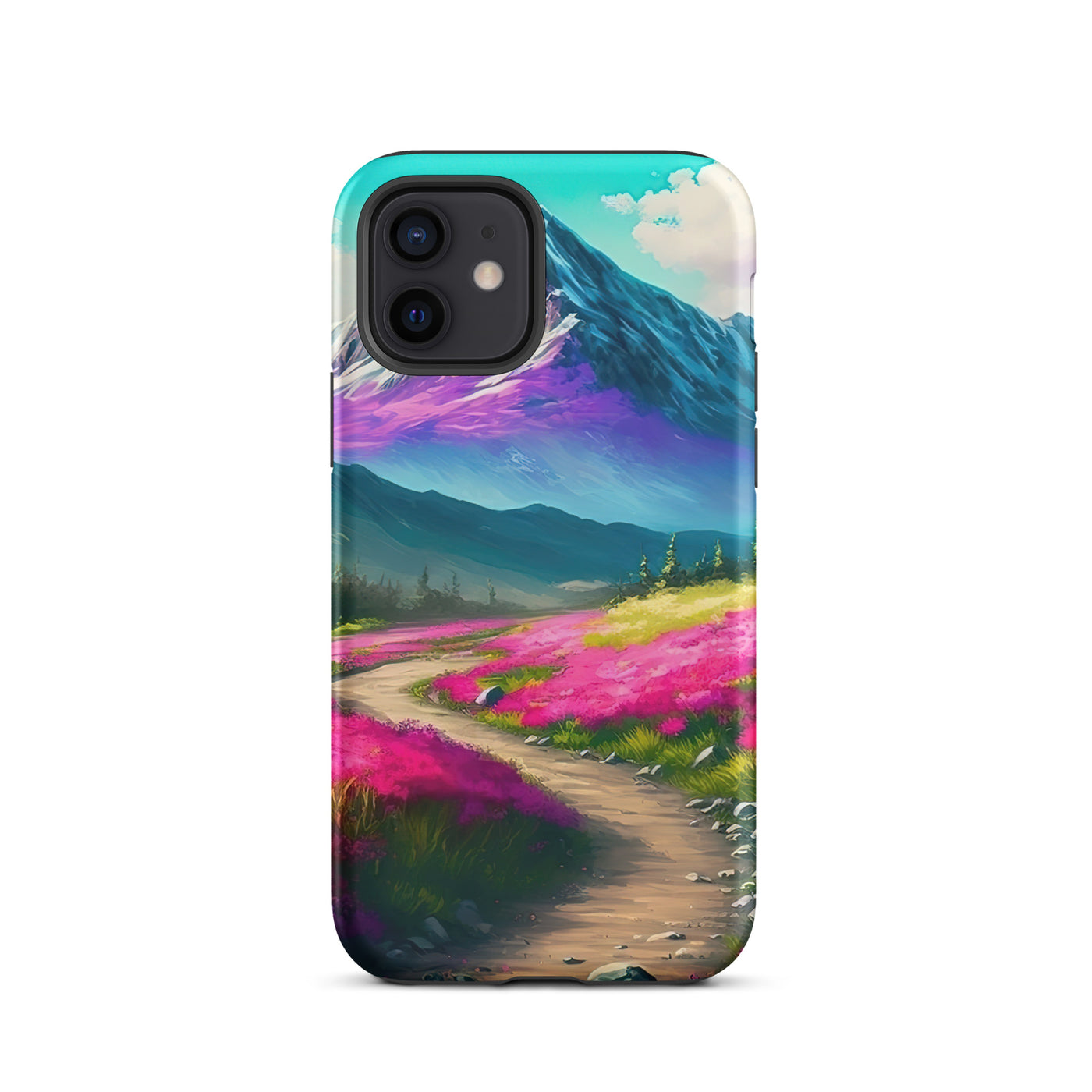 Berg, pinke Blumen und Wanderweg - Landschaftsmalerei - iPhone Schutzhülle (robust) berge xxx iPhone 12