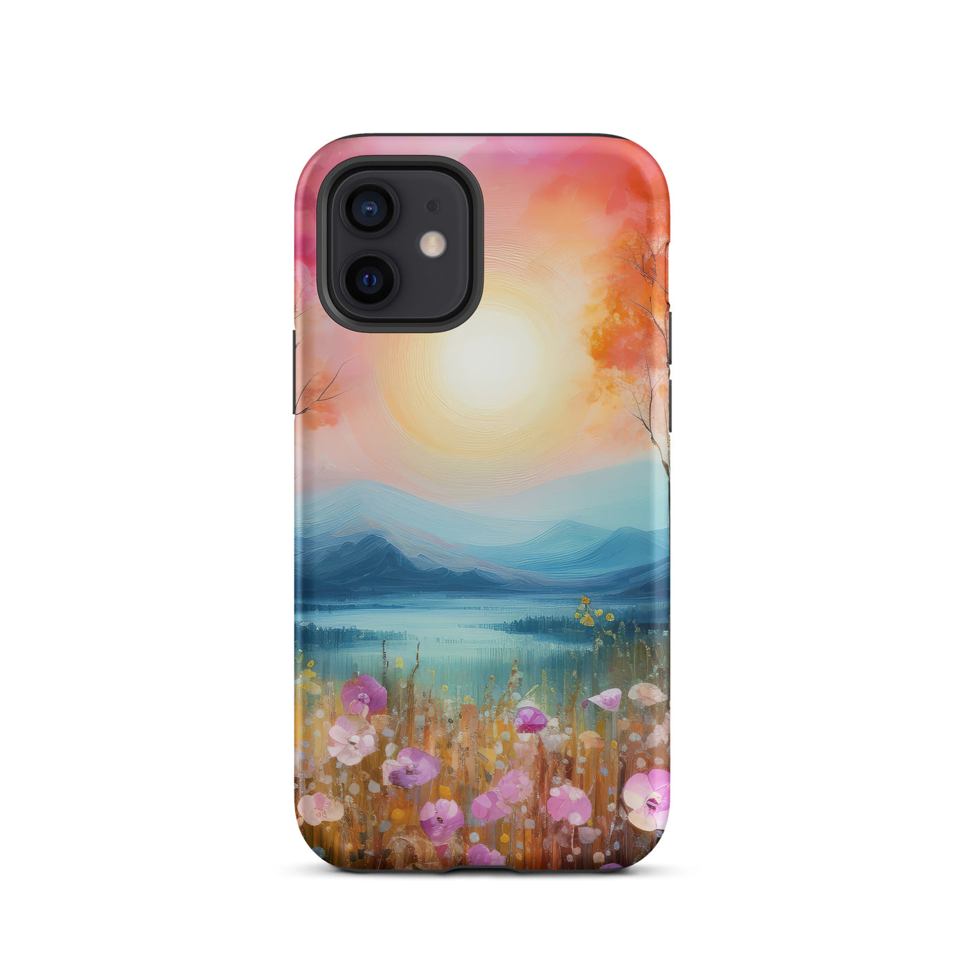 Berge, See, pinke Bäume und Blumen - Malerei - iPhone Schutzhülle (robust) berge xxx iPhone 12