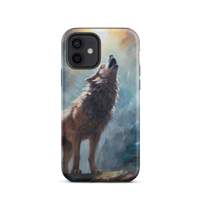 Heulender Wolf auf Berggipfel und Mond im Hintergrund – Abstrakte Malerei - iPhone Schutzhülle (robust) camping xxx iPhone 12