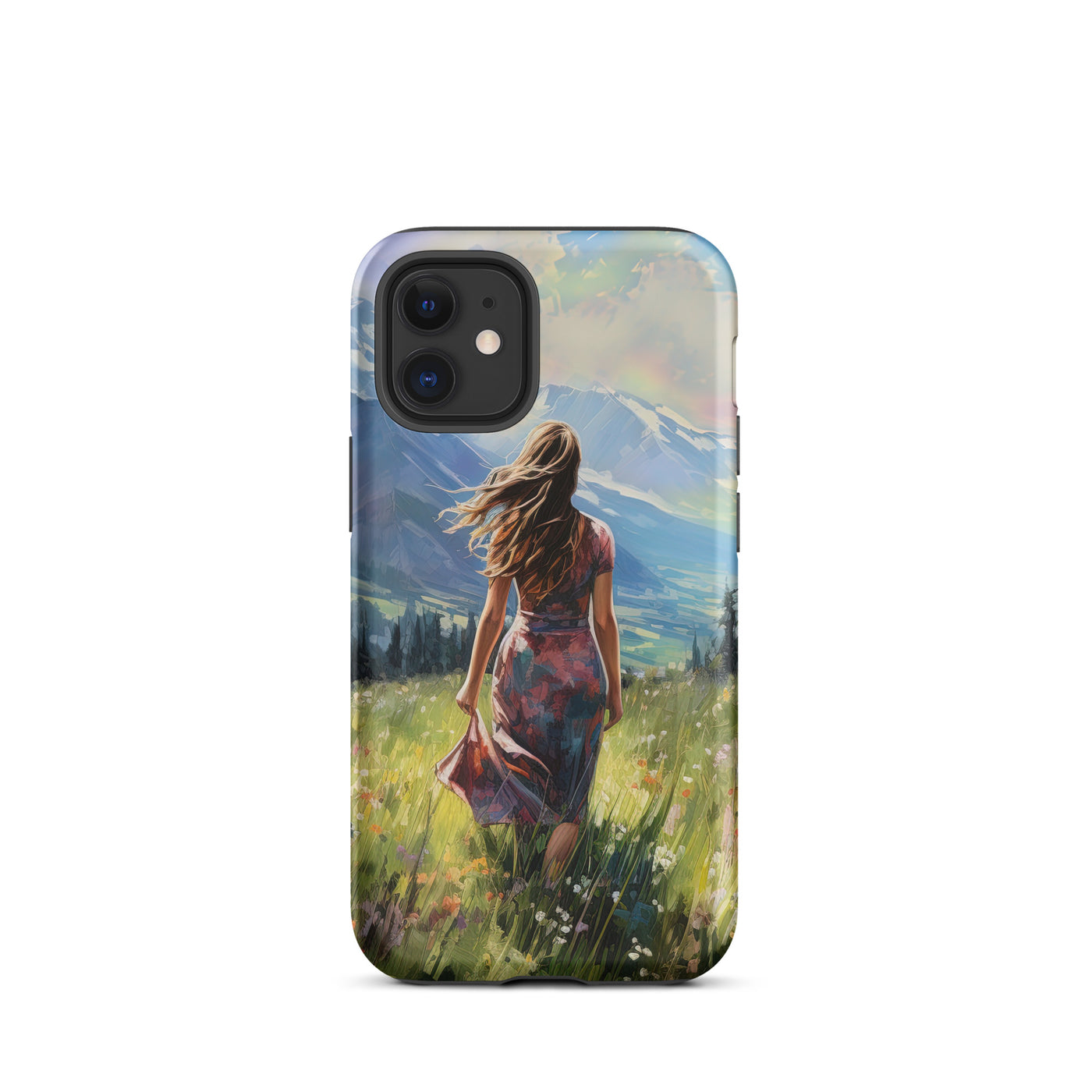 Frau mit langen Kleid im Feld mit Blumen - Berge im Hintergrund - Malerei - iPhone Schutzhülle (robust) berge xxx iPhone 12 mini
