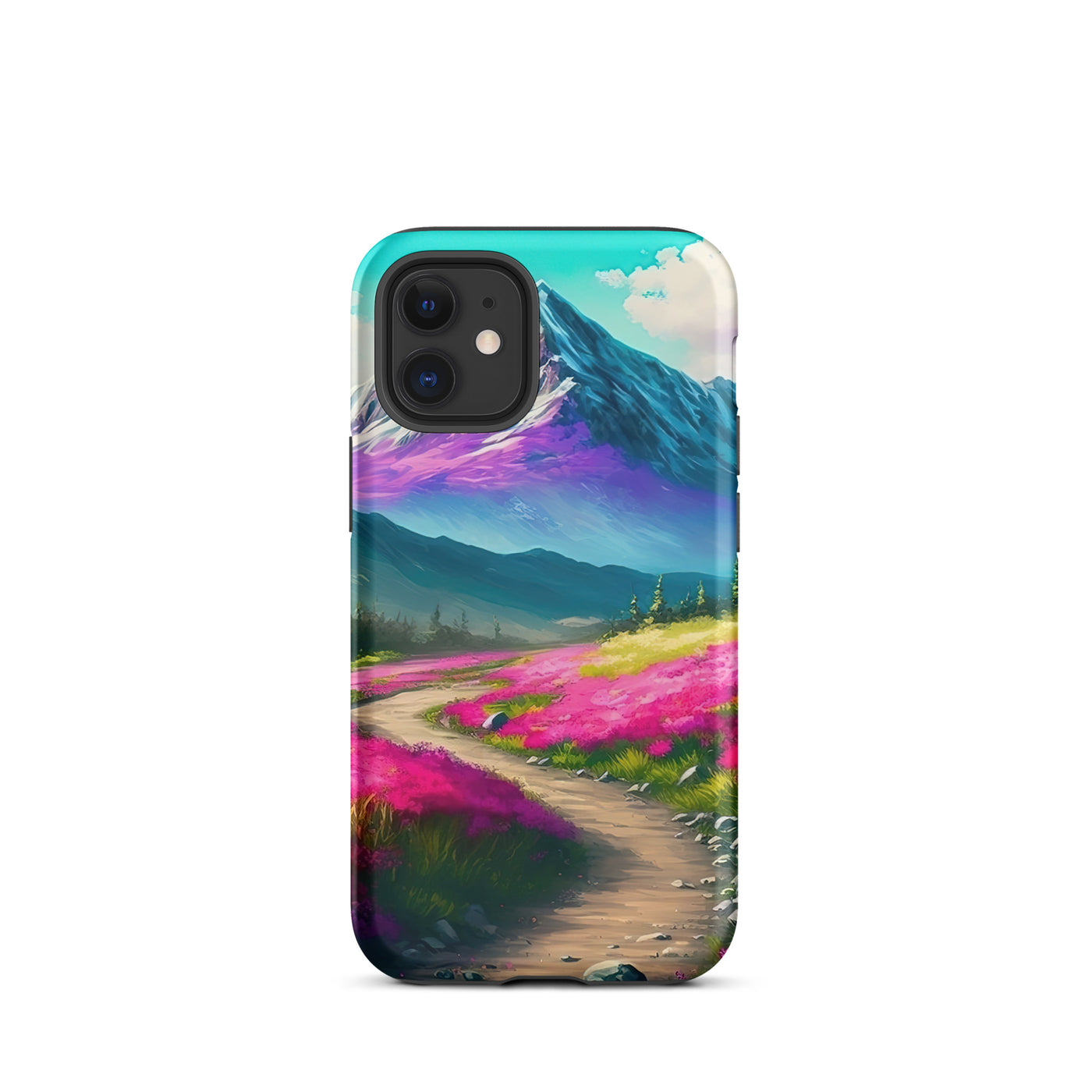 Berg, pinke Blumen und Wanderweg - Landschaftsmalerei - iPhone Schutzhülle (robust) berge xxx iPhone 12 mini