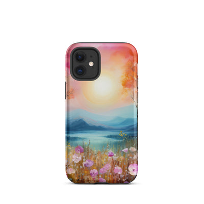 Berge, See, pinke Bäume und Blumen - Malerei - iPhone Schutzhülle (robust) berge xxx iPhone 12 mini