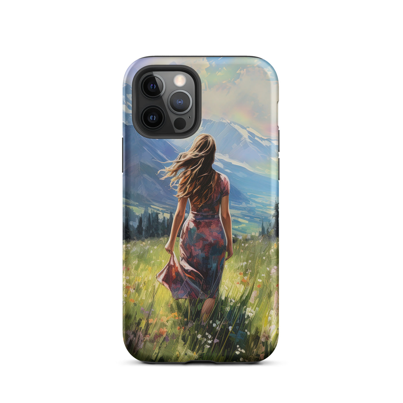 Frau mit langen Kleid im Feld mit Blumen - Berge im Hintergrund - Malerei - iPhone Schutzhülle (robust) berge xxx iPhone 12 Pro