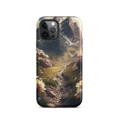 Epischer Berg, steiniger Weg und Blumen - Realistische Malerei - iPhone Schutzhülle (robust) berge xxx iPhone 12 Pro