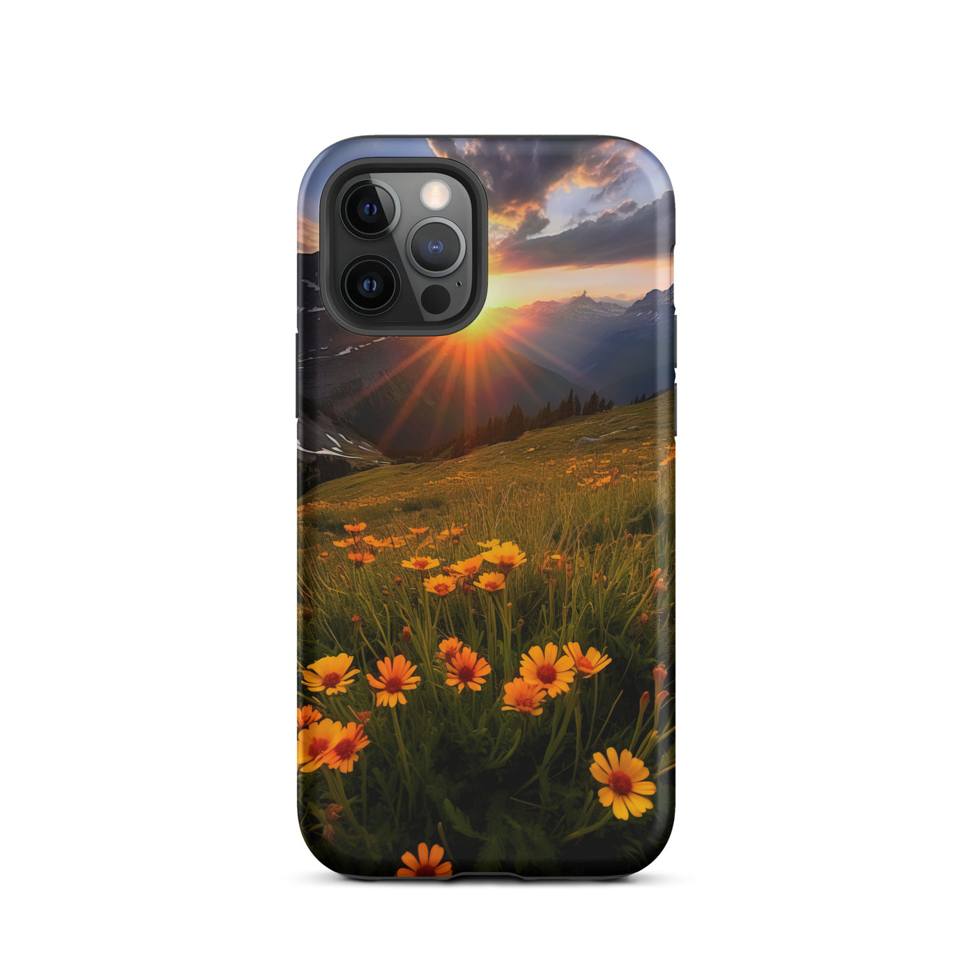 Gebirge, Sonnenblumen und Sonnenaufgang - iPhone Schutzhülle (robust) berge xxx iPhone 12 Pro