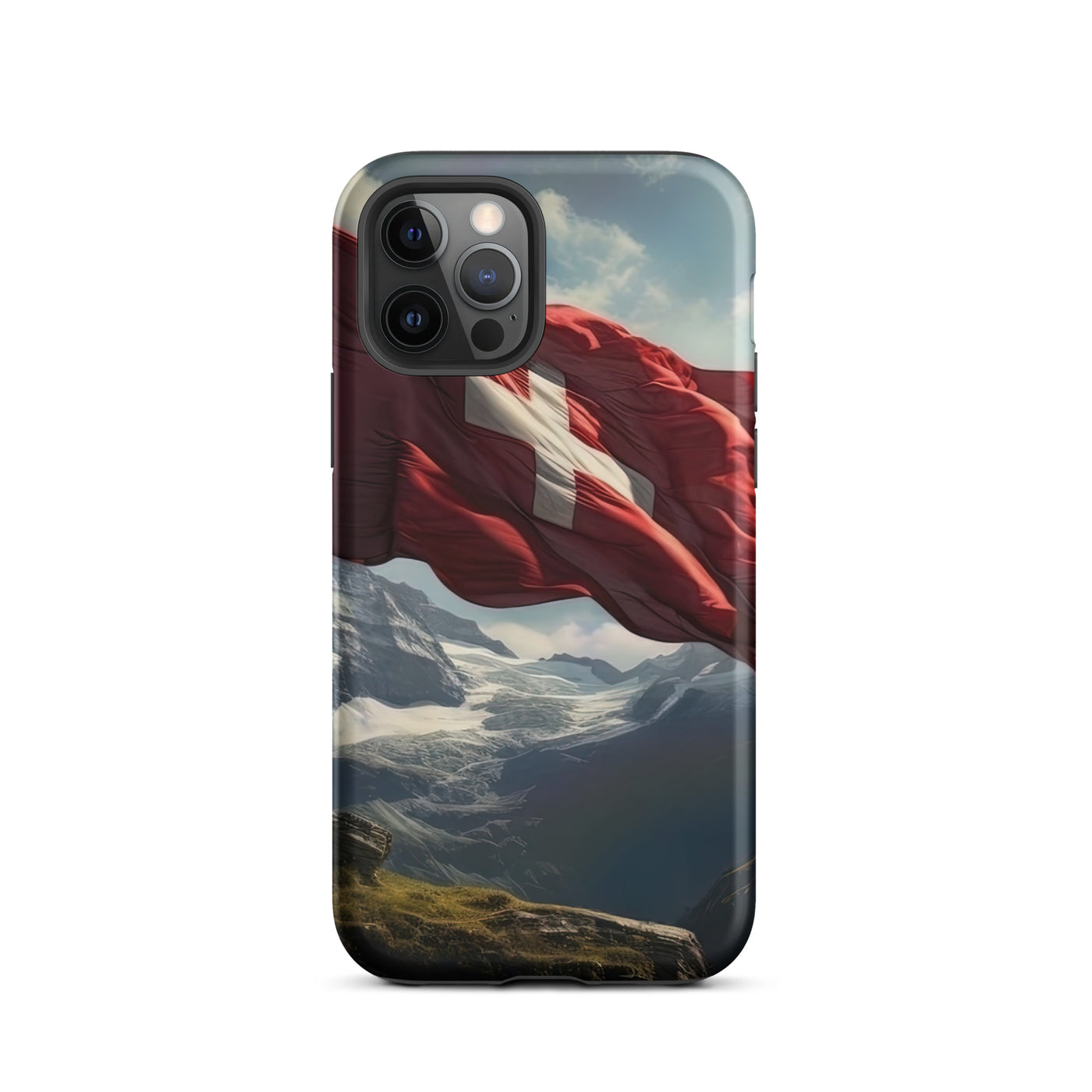 Schweizer Flagge und Berge im Hintergrund - Fotorealistische Malerei - iPhone Schutzhülle (robust) berge xxx iPhone 12 Pro