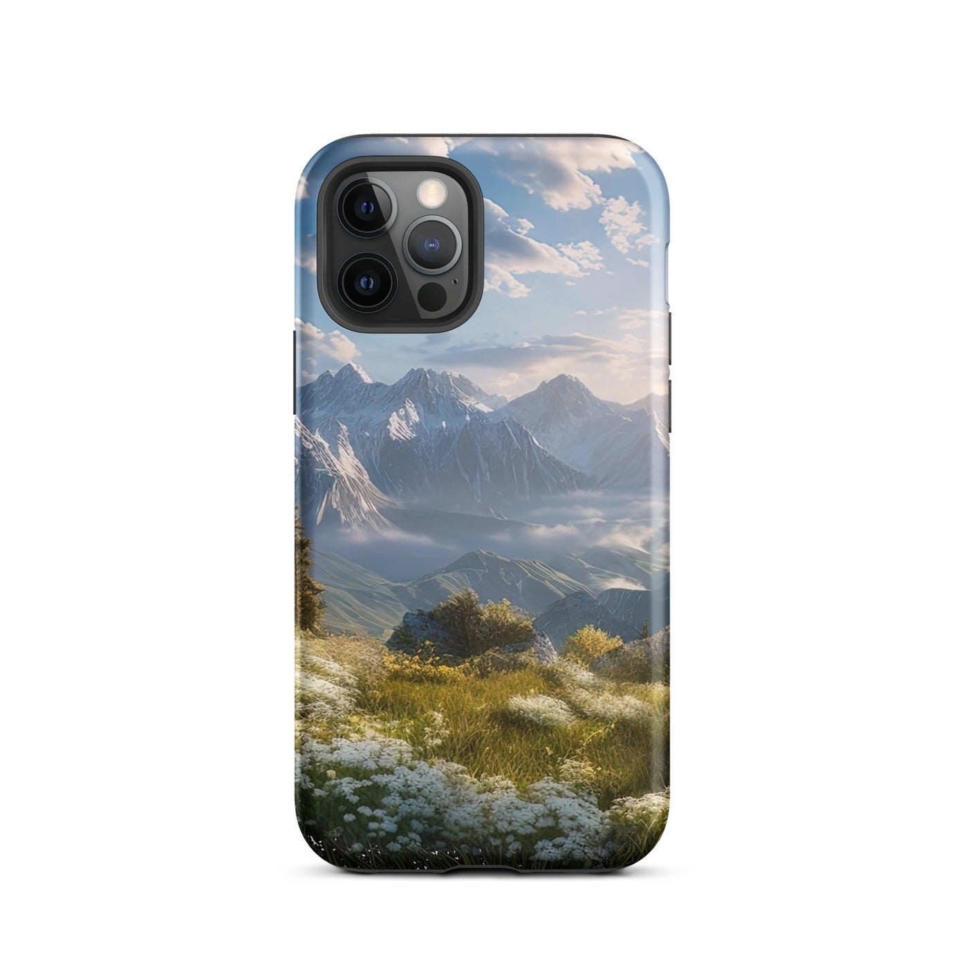 Berglandschaft mit Sonnenschein, Blumen und Bäumen - Malerei - iPhone Schutzhülle (robust) berge xxx iPhone 12 Pro