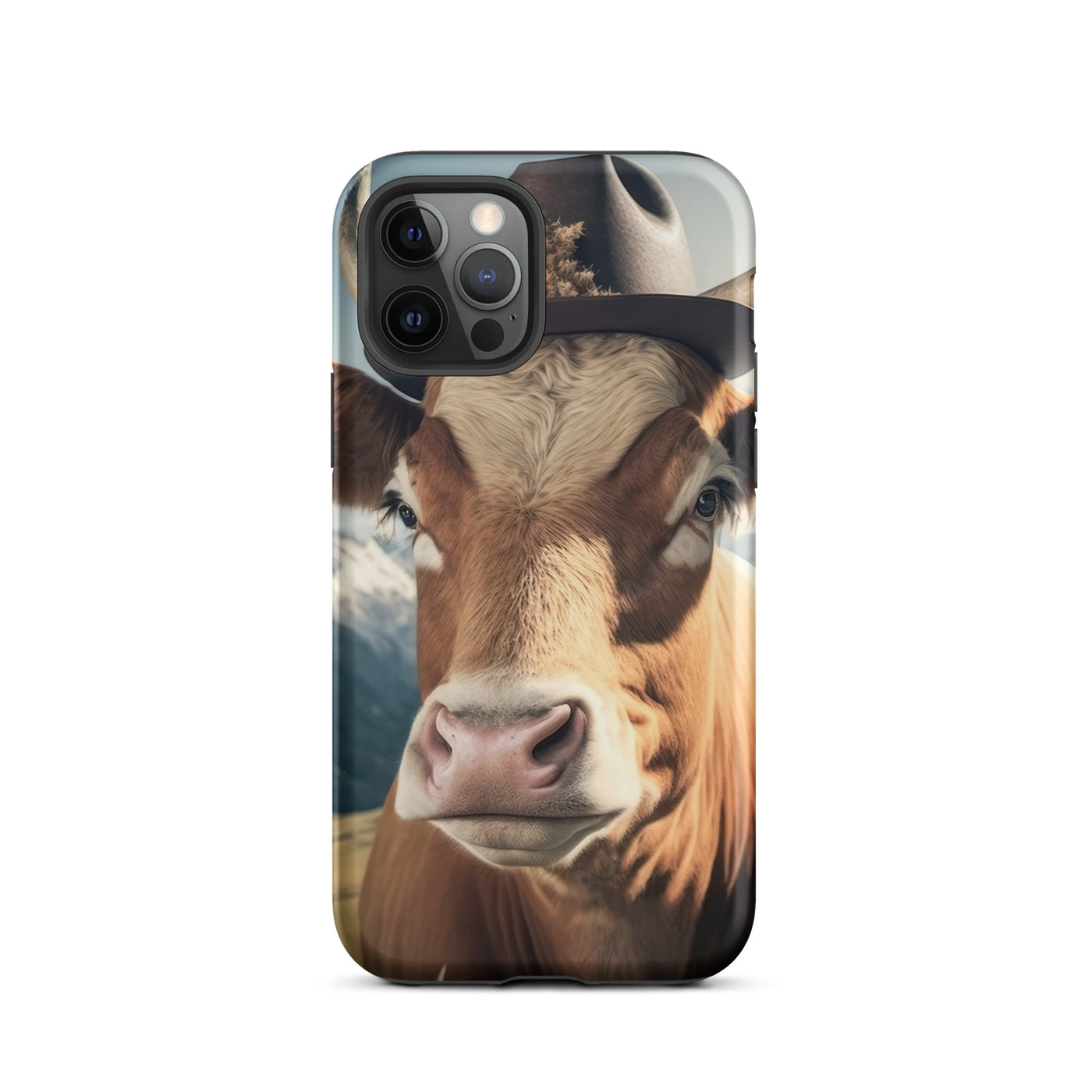 Kuh mit Hut in den Alpen - Berge im Hintergrund - Landschaftsmalerei - iPhone Schutzhülle (robust) berge xxx iPhone 12 Pro