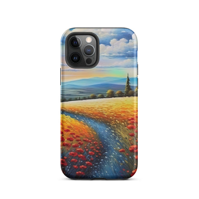 Feld mit roten Blumen und Berglandschaft - Landschaftsmalerei - iPhone Schutzhülle (robust) berge xxx iPhone 12 Pro