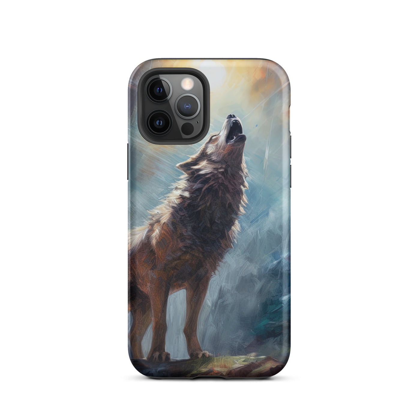 Heulender Wolf auf Berggipfel und Mond im Hintergrund – Abstrakte Malerei - iPhone Schutzhülle (robust) camping xxx iPhone 12 Pro