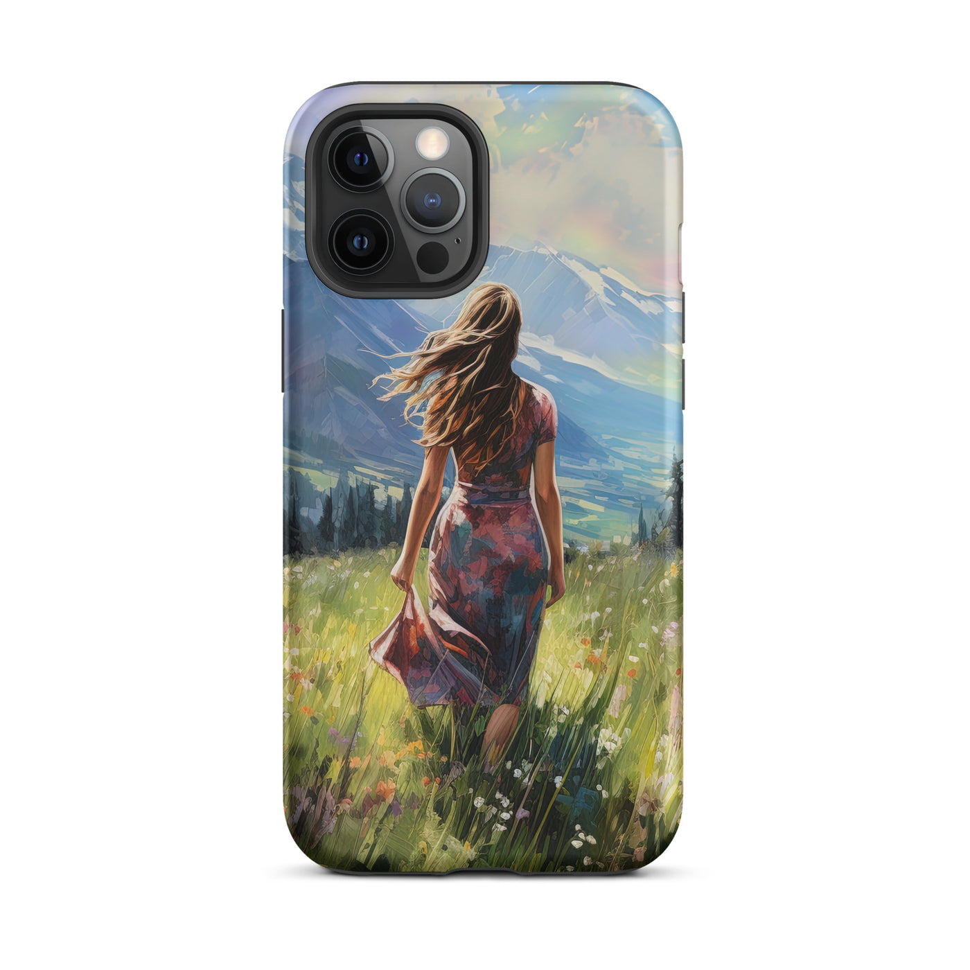 Frau mit langen Kleid im Feld mit Blumen - Berge im Hintergrund - Malerei - iPhone Schutzhülle (robust) berge xxx iPhone 12 Pro Max