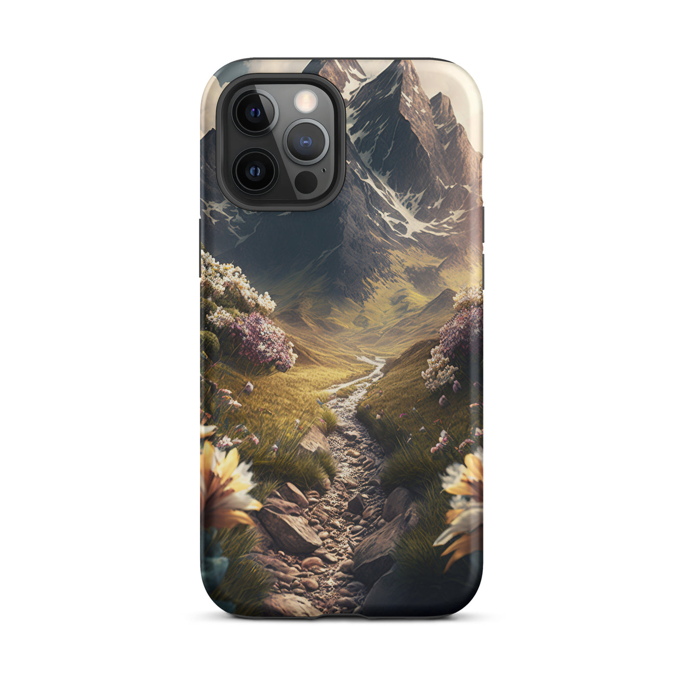 Epischer Berg, steiniger Weg und Blumen - Realistische Malerei - iPhone Schutzhülle (robust) berge xxx iPhone 12 Pro Max