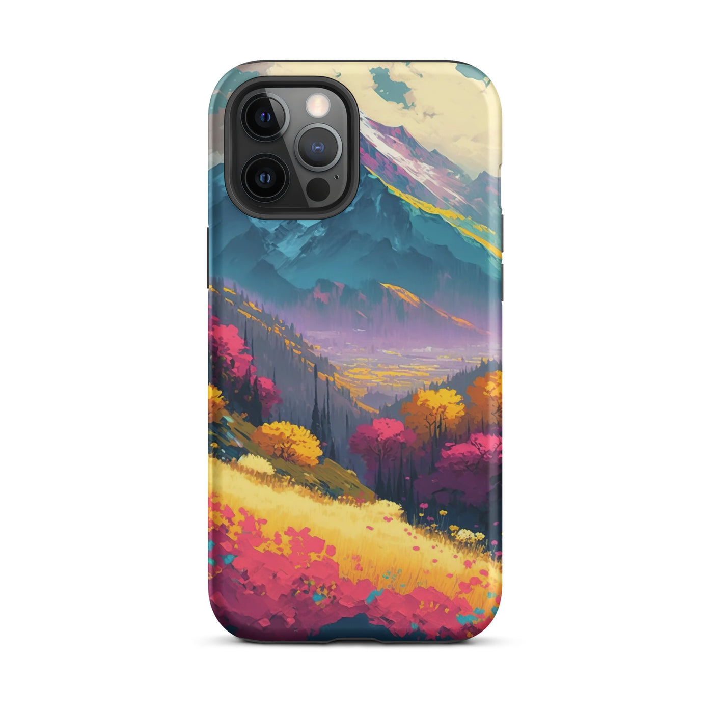 Berge, pinke und gelbe Bäume, sowie Blumen - Farbige Malerei - iPhone Schutzhülle (robust) berge xxx iPhone 12 Pro Max