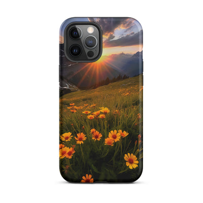Gebirge, Sonnenblumen und Sonnenaufgang - iPhone Schutzhülle (robust) berge xxx iPhone 12 Pro Max