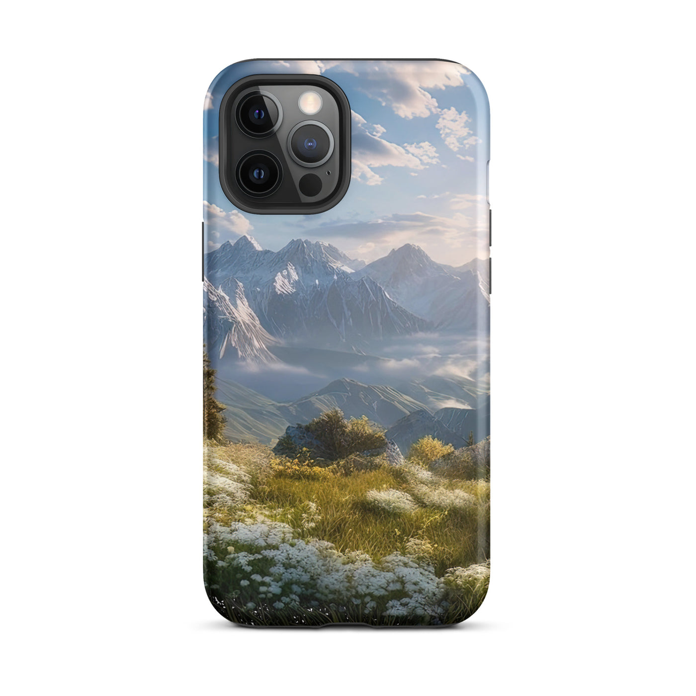 Berglandschaft mit Sonnenschein, Blumen und Bäumen - Malerei - iPhone Schutzhülle (robust) berge xxx iPhone 12 Pro Max
