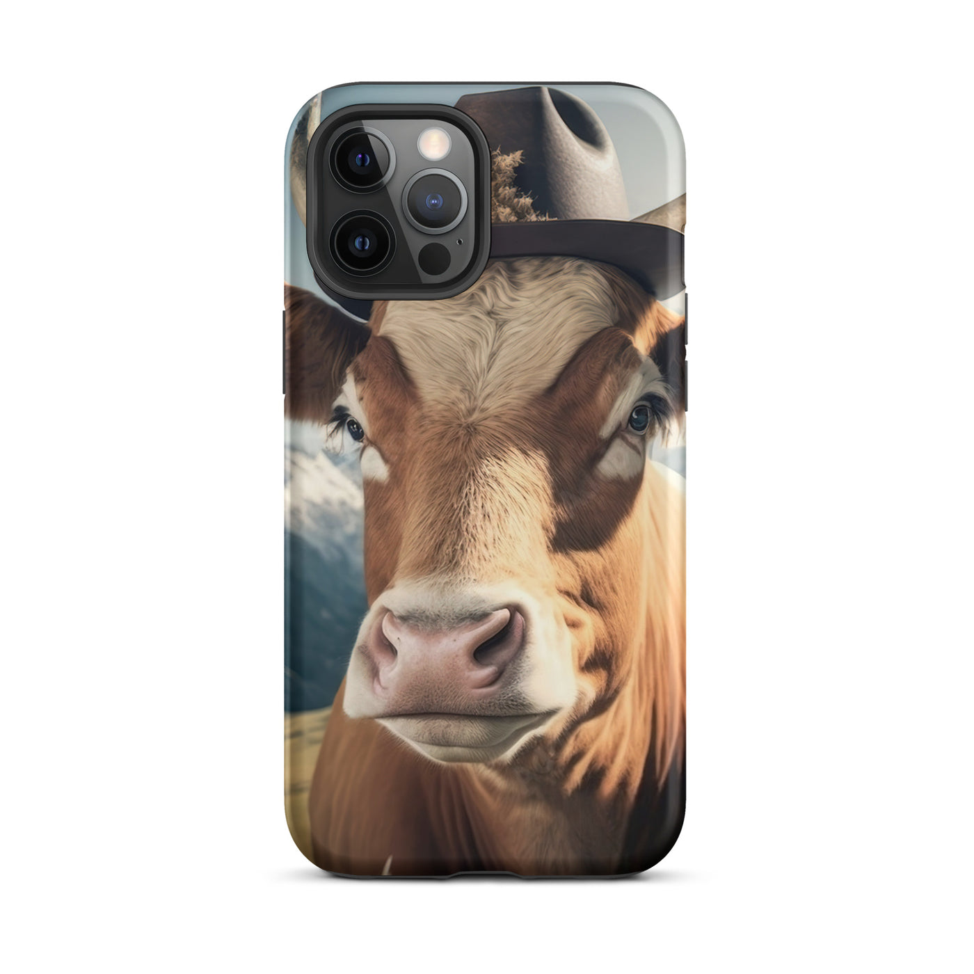 Kuh mit Hut in den Alpen - Berge im Hintergrund - Landschaftsmalerei - iPhone Schutzhülle (robust) berge xxx iPhone 12 Pro Max