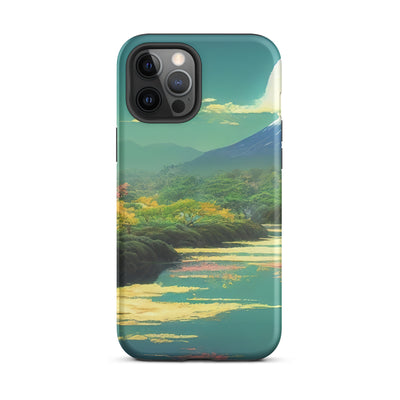 Berg, See und Wald mit pinken Bäumen - Landschaftsmalerei - iPhone Schutzhülle (robust) berge xxx iPhone 12 Pro Max