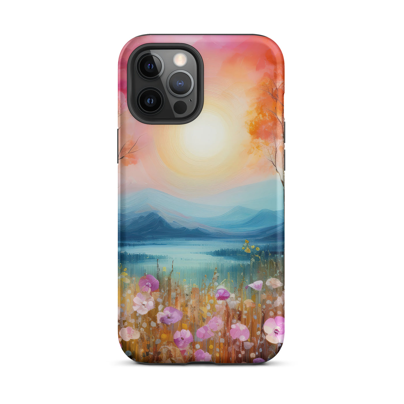Berge, See, pinke Bäume und Blumen - Malerei - iPhone Schutzhülle (robust) berge xxx iPhone 12 Pro Max
