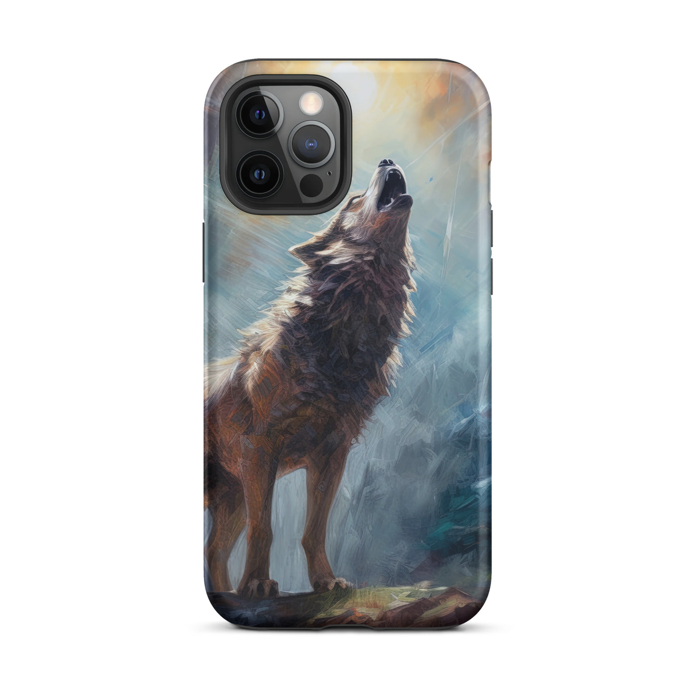 Heulender Wolf auf Berggipfel und Mond im Hintergrund – Abstrakte Malerei - iPhone Schutzhülle (robust) camping xxx iPhone 12 Pro Max