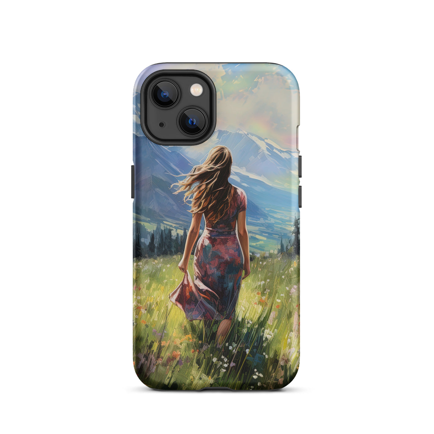 Frau mit langen Kleid im Feld mit Blumen - Berge im Hintergrund - Malerei - iPhone Schutzhülle (robust) berge xxx iPhone 13