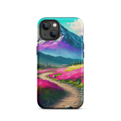 Berg, pinke Blumen und Wanderweg - Landschaftsmalerei - iPhone Schutzhülle (robust) berge xxx iPhone 13