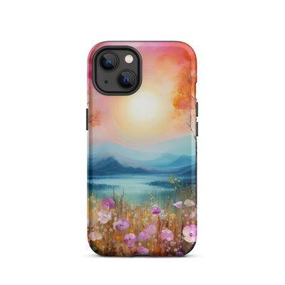 Berge, See, pinke Bäume und Blumen - Malerei - iPhone Schutzhülle (robust) berge xxx iPhone 13