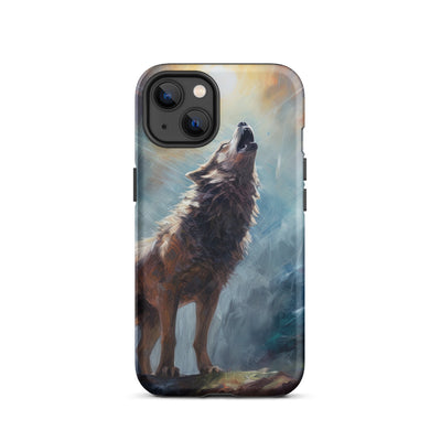 Heulender Wolf auf Berggipfel und Mond im Hintergrund – Abstrakte Malerei - iPhone Schutzhülle (robust) camping xxx iPhone 13