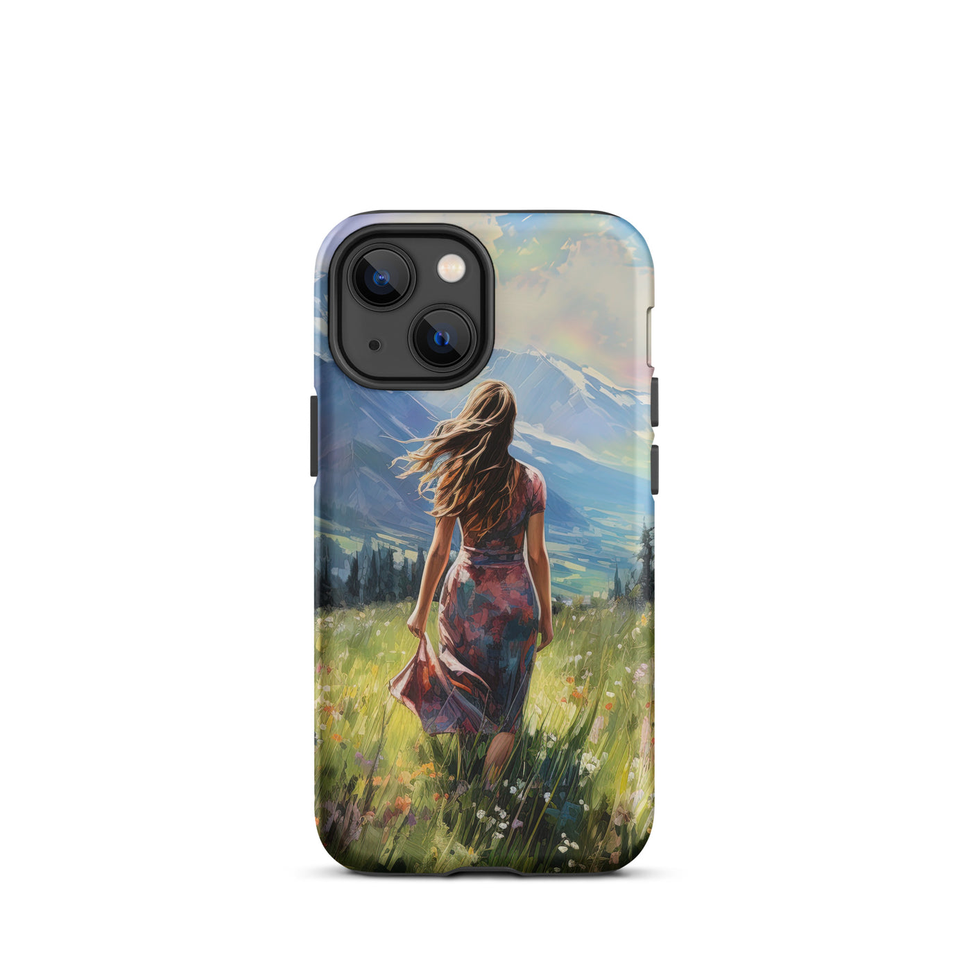 Frau mit langen Kleid im Feld mit Blumen - Berge im Hintergrund - Malerei - iPhone Schutzhülle (robust) berge xxx iPhone 13 mini