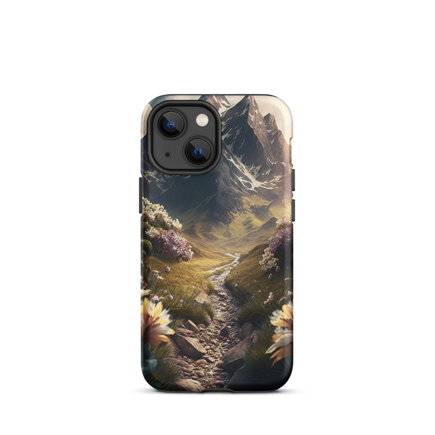Epischer Berg, steiniger Weg und Blumen - Realistische Malerei - iPhone Schutzhülle (robust) berge xxx iPhone 13 mini